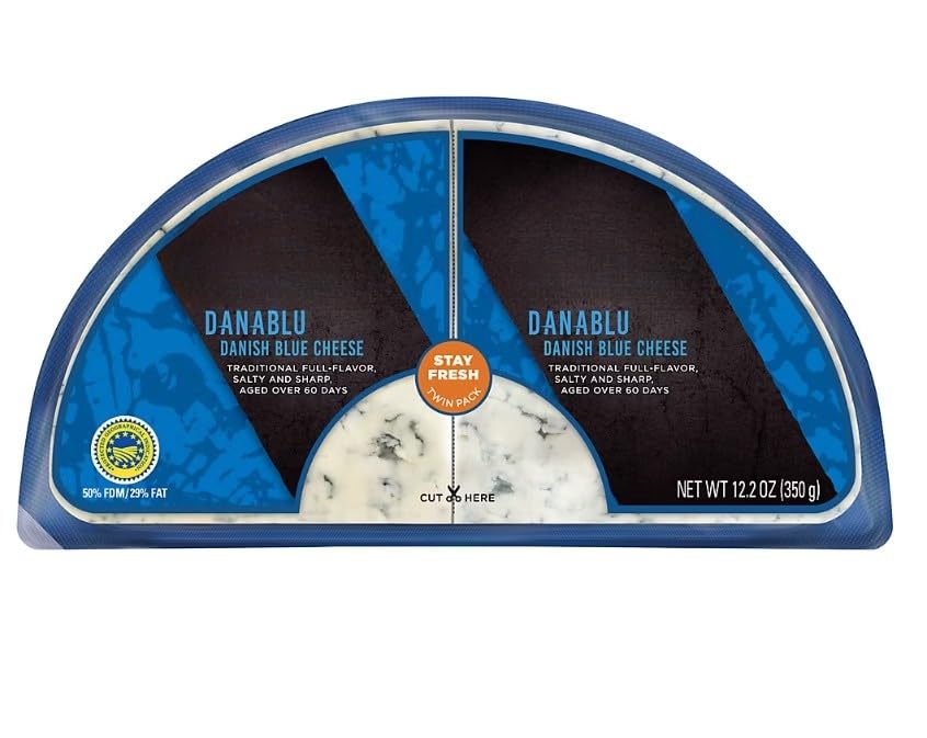 Danish Blue Cheese features blue mold veins and has a fine and nutty aroma with hints of marzipan and the soft bitter flavor of sourdough, making it a favorite for cooking and snacking. It is made using homogenized cow's milk, which contributes to its strong bite, while the cream in the milk provides the perfect balance for its sharp flavor. The unique taste of Danish Blue Cheese will not go unnoticed. It is strong and flavorful while boasting a memorable aroma. The taste is sharp, salty, savory, nutty, with hints of marzipan and soft bitter flavor of sourdough. [ 12.3 oz , 0.76 lb ]