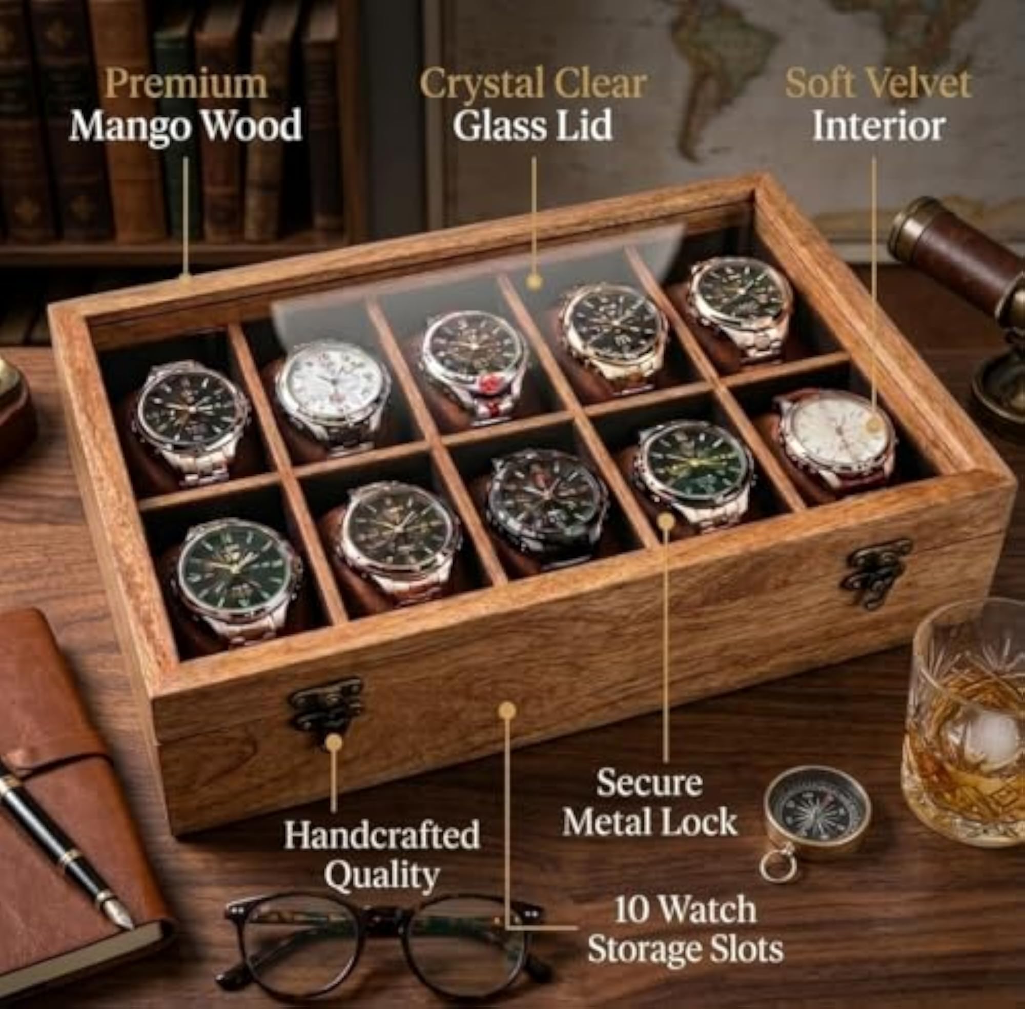 Handcrafted Wooden Watch Box for Men, 10 Slots & Gift Packaging