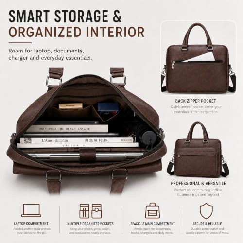 Image of Men's Leather Laptop Bag 15 IN, Water-Resistant Briefcase Messenger Bag for Work, Business, Shoulder Crossbody Office Satchel