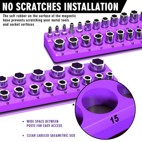 Image of Magnetic Socket Organizer Set, 3-Piece Socket Holder Trays for 1 /4 inch 3 /8 inch 1 /2 inch Drive Sockets, Organizes 68 Metric Sockets, Purple Tool Box Organizer (Sockets Not Included)