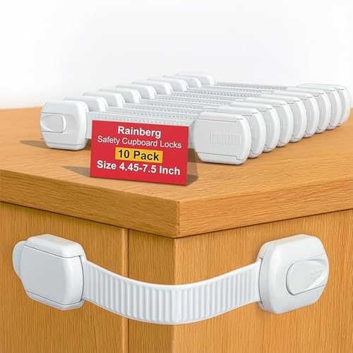 Rainberg 10 Pack Child Safety Cupboard Locks for Children Adjustable Childproof Straps White | 4.45 X 7.5inch Length | No-Tools Installation | Baby Cupboard Safety Locks for Drawers Appliances