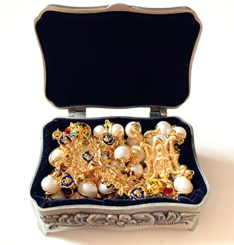 elegantmedical HANDMADE Gold Plated Wire Wrapped Bead AAA White 9mm Real Pearl & Enamel Bead Rosary Cross NECKLACE BOX2