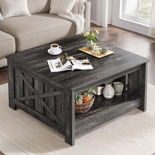 DWVO Square Coffee Table for Living Room Farmhouse Coffee Table with Storage,2-Tier Wood Center Table with Half Open Storage Compartment, Dark Rustic Oak