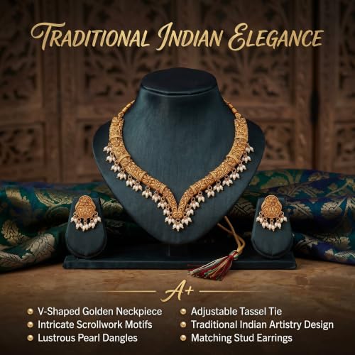 Image of Gold-Plated Antique Temple Jewellery Set for Women - Traditional Necklace with Large Peacock Pendant & Matching Jhumka Earrings | Ethnic Festive & Bridal Wear Set with Ruby & Emerald Accents