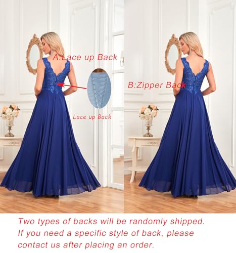 Women's V Neck Lace Appliques Mother of The Bride Dresses Beaded Chiffon Long Formal Dress with Pockets HS0202
