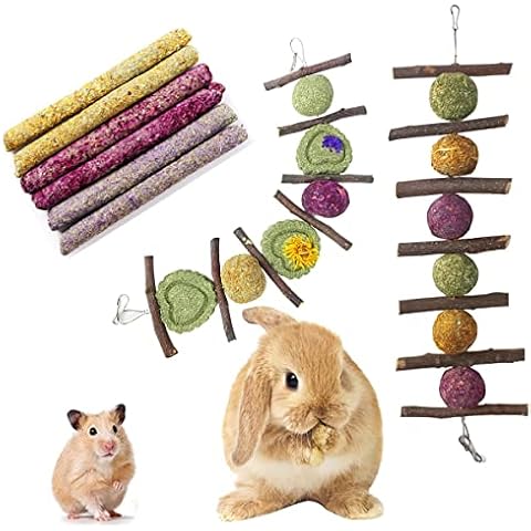 Acidea 8Pack Gerbil Chew Toys for Teeth Grinding, Hanging Natural Apple Wood and Flower Flavored Timothy Hay Sticks for Hamsters, Bunny, Guinea Pigs, Chinchillas, Small Animals Teeth Care Cover