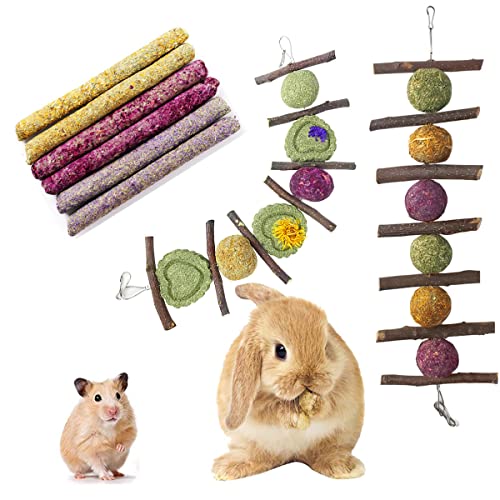 Acidea 8pcs Kaninchenkau -Kauspiel für Zähneschleifen, Hängen natürlicher Apfelholz und Blütengeschmack Timothy Heustangen für Hamster, Kaninchen, Meerschweinchen, Chinchillas, Petsteth Care Cover