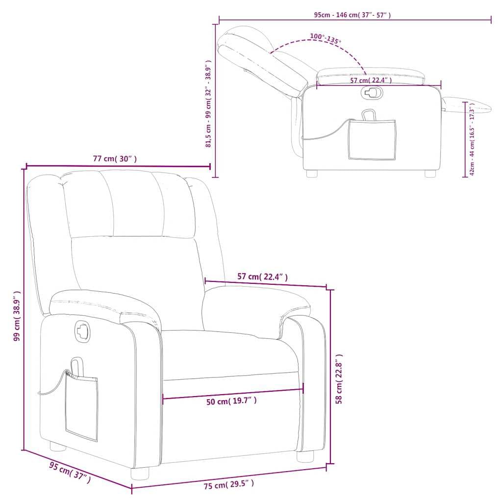 Sillón de masaje de relax de piel sintética gris con masaje de vibración de 6 puntos, función reclinable manual hasta 135 grados, reposabrazos anchos, bolsillo lateral, marco de madera y