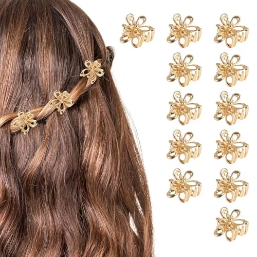 12 Pack Small Gold Flower Hair Clips For Women Girls, Tiny Metal Claw Clips With Sparkling Floral Design, Nonslip Bangs Accessories, Cute Floral Hair Decorations, Mini Christmas Set