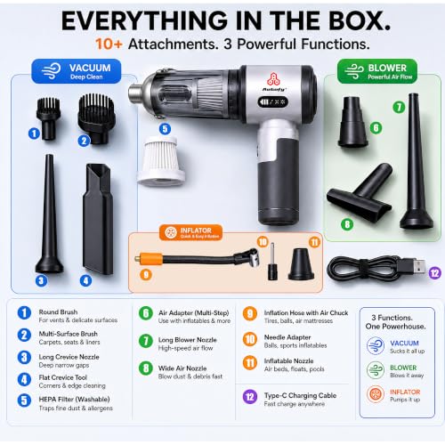 Image of Autofy Bolt 5-in-1 Cordless Vacuum Cleaner for Car & Home -18000PA Suction,150 PSI Tyre Inflator,100W BLDC Motor, 6000mAh Type-C, HEPA Filter, LED Torch | 2 Year Warranty