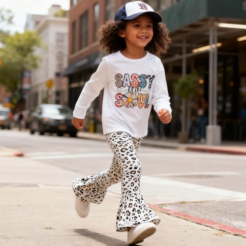 Image of Toddler Girl Clothes Long Sleeve Cartoon & Letter Graphic Top + Fruit Stationery Print Flared Leg Pants