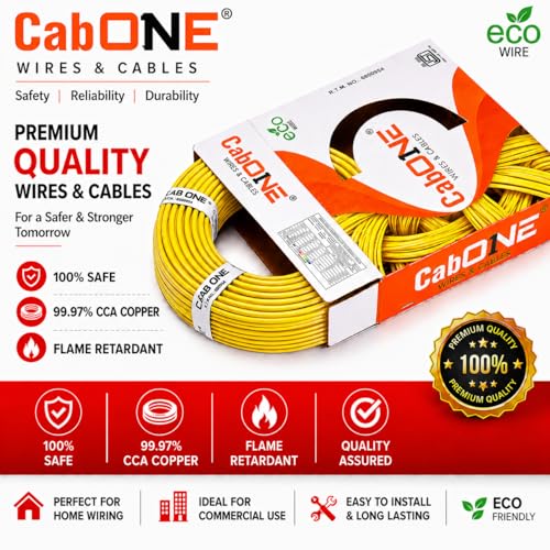 Image of CabONE 1.5 SQ.MM FR PVC Insulated Copper Electrical Wire, 90 Meter (Yellow, Pack of 2) | ISI Marked Fire Retardant Single Core Cable for Home Wiring