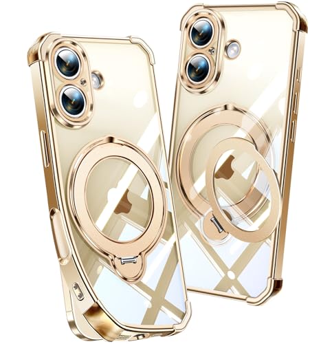 Image of Soft Case for iPhone 16 with 360 Rotating Magnetic Stand, Compatible with Mag-Safe, 4X MIL-Drop Protection, Lightweight Glossy Anti-Yellowing Clear Back Phone Cover for iPhone 16, Gold
