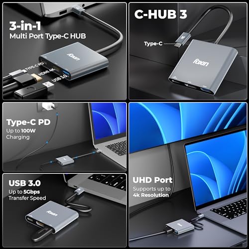 Image of Foxin 3-in-1 Type-C to HDMI Adapter, Multiport USB-C Hub with 4K @ 30Hz HDMI, USB 3.0 @ 5Gbps, 100W PD Charging, Metal Body, Built-in Type-C Cable for MacBook, Laptops & Type-C Devices - C HUB 3