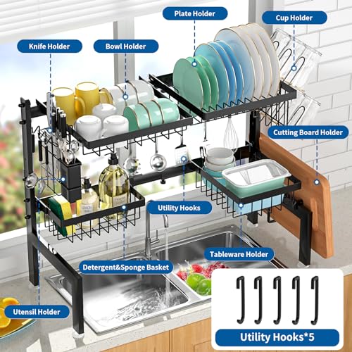 Image of Over The Sink Dish Drying Rack,Expandable 2-Tier Stainless Steel Over The Sink Dish Rack with Utensil Holder Dish Drainers for Kitchen Counter