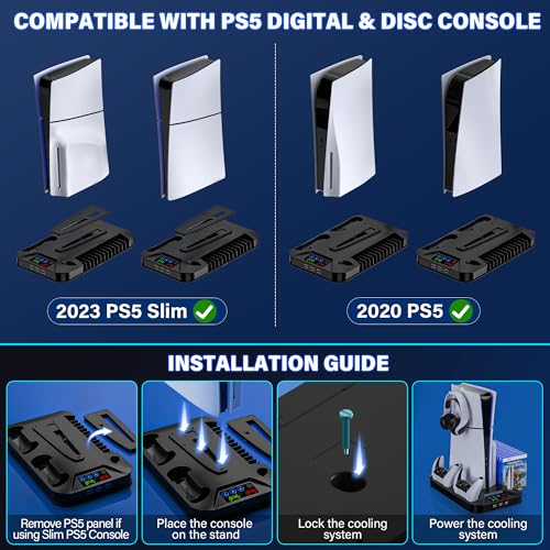 Image of PS5 / PS5 Slim Cooling Station with Controller Charging Station for PlayStation 5 Console Disc /Digital, Cooling Stand for PlayStation 5 Slim with Cooler Fan Accessories with 3 USB Hubs /Headset Holder