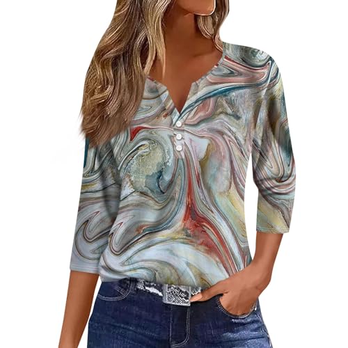 Generisch 3/4 Arm Bluse Damen 2025 Sommer Henley V-Ausschnitt Tunika Damen Elegant Hemdes Klassisch Basic Button Down Blusen Rot L