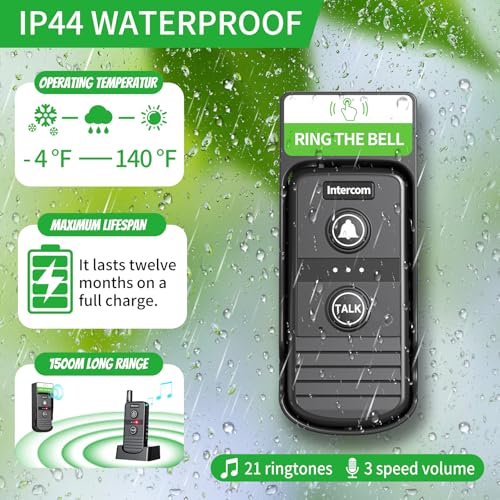 PANDAAR Wireless Intercom Doorbell Black,Two-way Communication Doorbell,4900 Feet Long Range,3 Volume Levels,20 Ringtones,Waterproof, Rechargeable Intercom Doorbells for House,Classroom,Office - Thumbnail 3