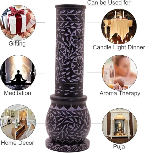 Image of Marble Soapstone Black Incense Holder, 3 x 3 x 10 Inches | Handmade, Round Carving, Candle Burner, Tea Light Holder, Decorative Home and Office Decor