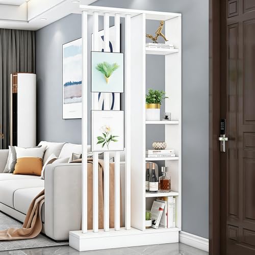 Columna Divisoria Independiente con Estantes – Biombo Moderno de Madera con Almacenamiento para Entrada y Pasillo, Separador de Ambientes del Suelo al Techo, Montaje Fácil(White+White,80cm)