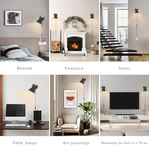 Image of Wall Sconce Set of 2, Wall Sconce with Metal Shade, Plug Switch, Indoor Decor Wall Mount Swing Arm Lamp for Bedroom,Hallway,Living Room,Reading, Black
