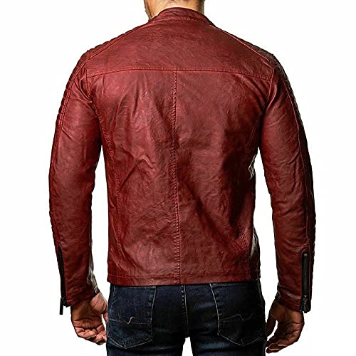 Lbskux Men's Simple Faux Leather Jacket Zip-Up Stand Collar Button Motorcycle Lightweight Aviator Jackets Slim Warm Bomber Outwear Red #TOP4