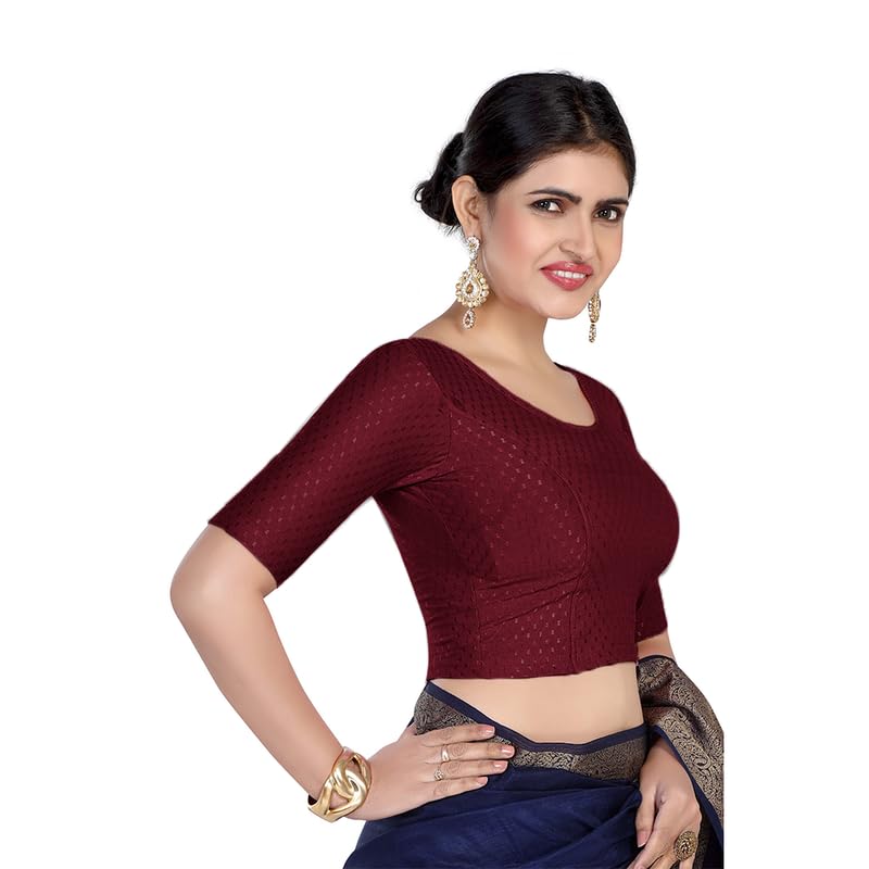 Image of FINESTFIT Round Neck Stretchable Elbow Sleeve Readymade Saree Blouse for Women, 100% Cotton Dobby Fabric