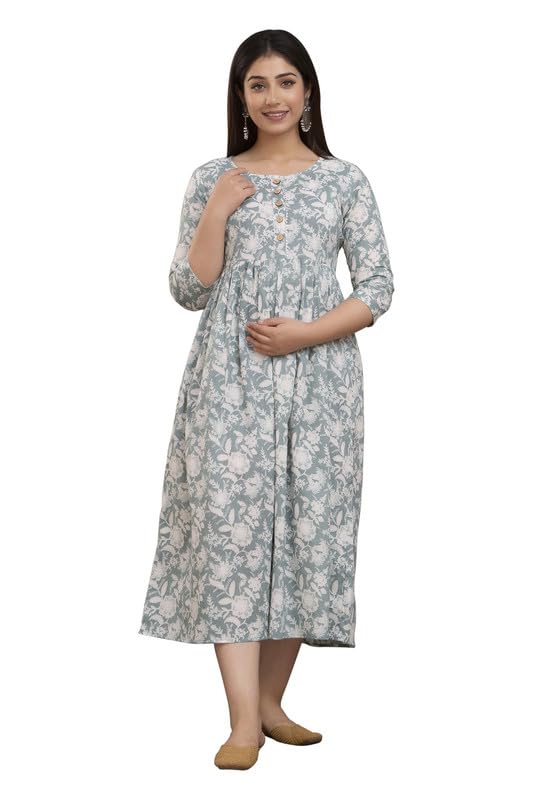 Image of Women's Pure Cotton Printed Maternity Gown /Maternity wear /Feeding Gown A-line Maternity Feeding Dress Maternity Kurti Gown for Women