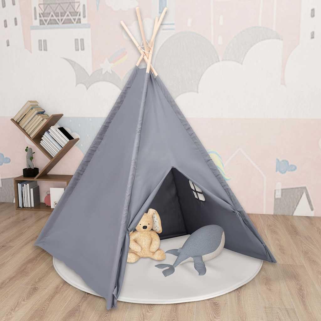 Kinder Tipi Zelt Spielzelt für Kinderzimmer aus Kiefernholz, Grau, 120x120x150 cm Indianerzelt mit Fenster und Tragetasche