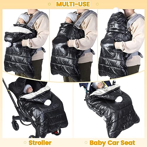 Image of Orzbow Winter Baby Carrier Cover with Detachable Hood, Waterproof & Windproof, Universal for Carriers & Waist Stools, Baby Bunting Bag for Car Seats & Strollers with Storage Bag, Black