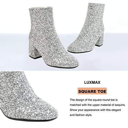 LUXMAX Women Glitter Ankle Boots Chunky Heel Square Closed Toe Sparkly Booties Block Heel Side Zip Winter Party Shoes3