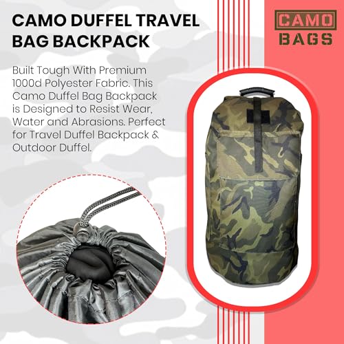 Camo Duffel Bag Backpack | Durable 1000D Polyester Backpack Multiple Compartments with 10” Expandable Top Section | Reinforced Hand Grip & Adjustable, Padded Shoulder Straps | US Flag Patch Included2