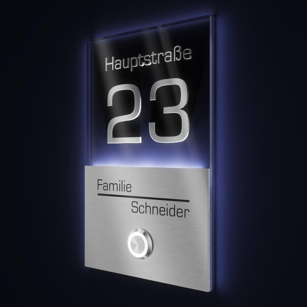 V2A Edelstahl Türklingel mit Hausnummer Namen Straße Gravur - Klingelschild 110x180mm LED-Taster Klingelplatte modernes Design aus Edelstahl Acryl Anthrazit