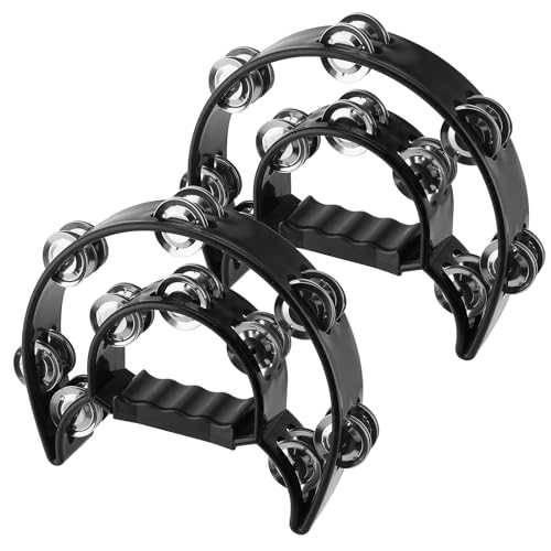 ZOENHOU 2 Stücke Tamburin Kunststoff mit 20 Paar Metall-Schellen, Halbmond Form Schellenring mit Handgriff, Zweireihiges Percussion Instrument für Party, KTV und Bar, Schwarz