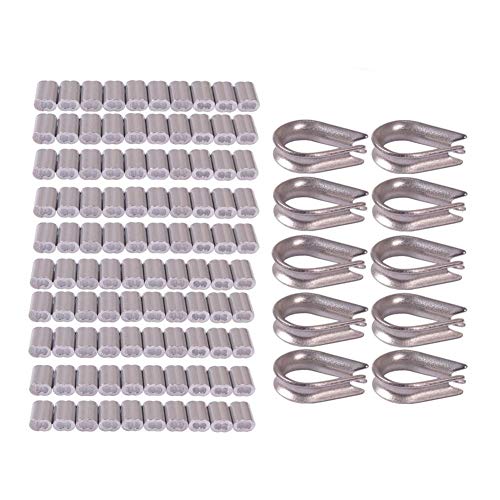 High Quaity 100 pcs 1.5mm Wire Rope Aluminum Sleeves Clip Fittings Cable Crimps + 10 pcs M2 Stainless Steel Thimble Combo
