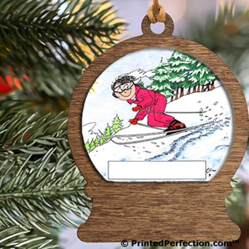 PrintedPerfection.com Personalized Skier, Snow - Female Wooden Snow Globe Shaped Christmas Ornament