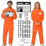 Sträfling Kostüm Herren Damen,Prisoner Overall Kostüm,Gefängnis kostüm Herren,Häftling Outfit herren,Sträfling Kleidung Orange mit Gefangener Overall Handschellen Namensschilder,für Karneval, Fasching
