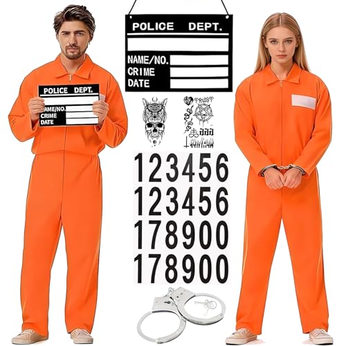 Sträfling Kostüm Herren Damen Prisoner Overall Kostüm Gefängnis kostüm Herren Häftling Outfit herren Sträfling Kleidung Orange mit Gefangener Overall Handschellen Namensschilder für Karneval Fasching
