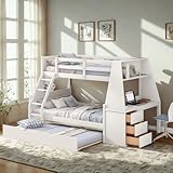 Twin Over Full Bunk Beds with Trundle and Desk Wood Bunk Bed Frame with Three Storage Drawers and One Shelf for Kids Boys Girls Teens, White