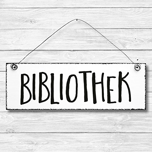 Herz-Schild «BIBLIOTHEK» Mit Bücher-Motiv – Selbstklebendes Türschild Aus HDF, Ca. 13x12 Cm