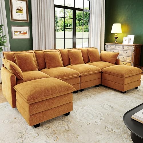 Image of 107 inch Cloud Couch Sectional Modular Sofa, Deep Seat Couches with Ottoman and Removable Washable Pillows for Living Room, Bedroom, Apartment, Orange