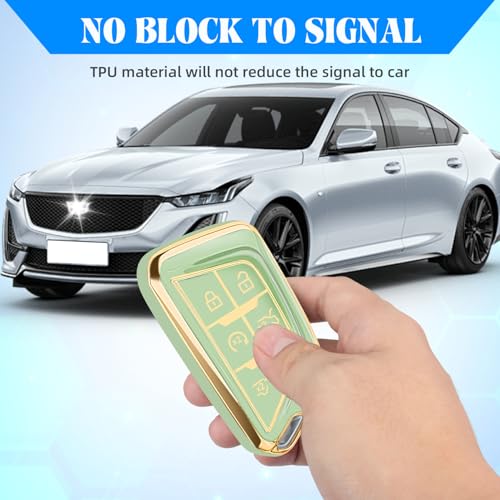 Image of QBUC for Cadillac Key Fob Cover with Leather Keychain (Gold Trim Green) | Soft TPU Protection Case Compatible with 2020-2026 Cadillac Escalade Lyriq Optiq 6-Buttons