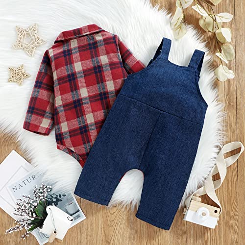 Baby Boy Clothes Infant Outfits Long Sleeve Plaid Bodysuit Romper + Jeans Overalls Jumpsuit Pants Sets3