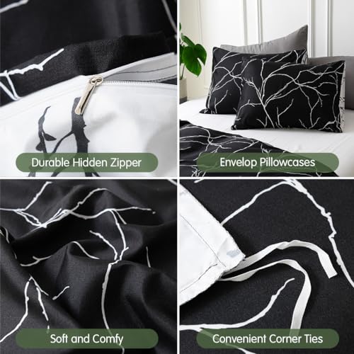 Image of Lekesky Reversible Duvet Cover King Size, Black White Branch Comforter Cover King 3pcs Microfiber Botanical Bedding Set with Zipper Closure Corner Ties
