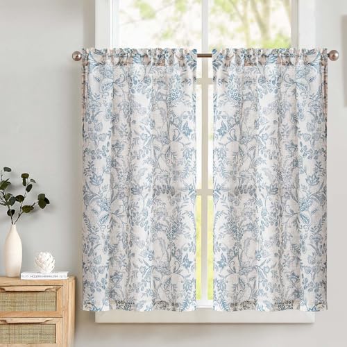 TOPICK Kitchen Curtains 45 Inch Drop with Botanic Blue Floral, Linen Look Short Cafe Curtains, Light Filtering Small Window Curtain Tiers for Cupboard Base, Sink, Basement, Bistro, W26 x L45 Inch