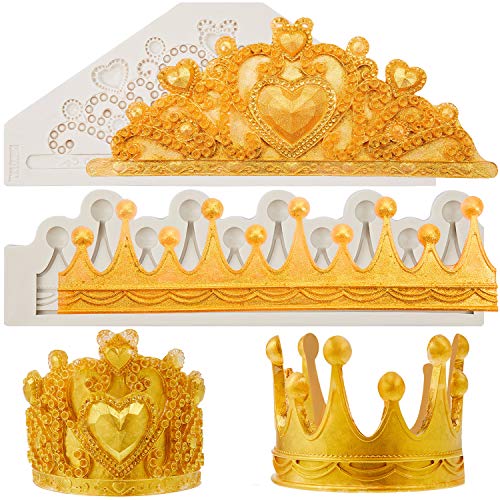 2 Pieces 3D Crown Fondant Mold Crown Cake Topper Mold Silicone Crown Heart Mold Chocolate Mold for DIY Baking Cake Candy Wedding Cake Decoration Sugar Craft Polymer Clay Mold