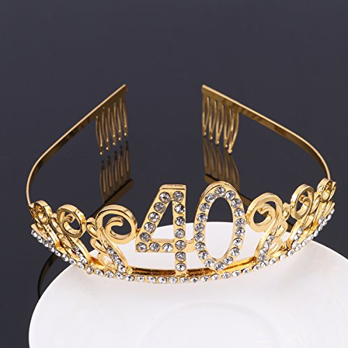 Frcolor Kroon verjaardag 40 Diadeem tiara met haarkam kristal strass verjaardagscadeau 40 jaar (goud) - Image 3