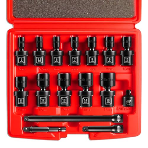 BLACKROBOT 1/4' Drive Universal Impact Socket Set, 16-Pieces Swivel Socket Set, Metric(5-15mm) Flexible Wobble Socket, 2', 6' Extension Bars, Socket Adapter, 6 Point, CR-MO