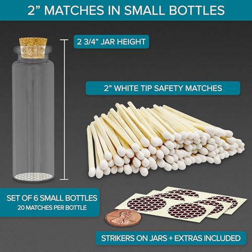 Image of 2 inch Classic White Tip Safety Matches | 6 Glass Bottles Each with Cork Top, Striker & 20 Matchsticks by Thankful Greetings (120+ Total) | Decorative Unique & Fun Artisan Set for Home, Gifts, & Events