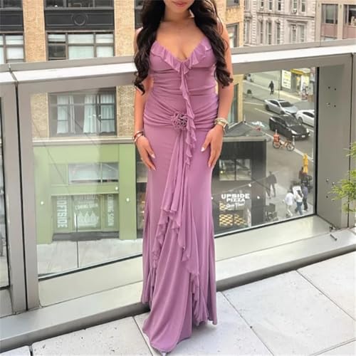 Women Draped Slim Party Sexy V-Neck Ruffle Chiffon Elegant Sleeveless Hight Waist Solid Long Dress4